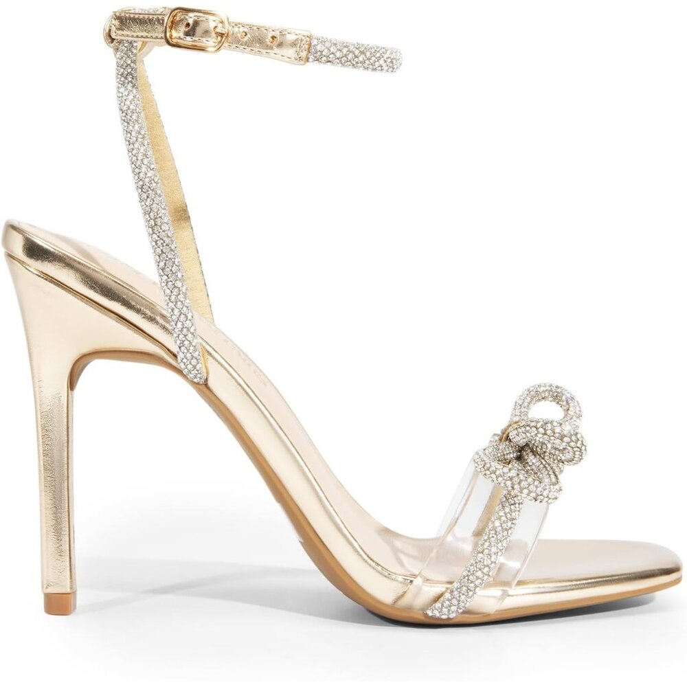 Women's Gold-pu Double Bow Knots Crystal Sandals Clear Square Slingback Heels - Picture 5 of 7